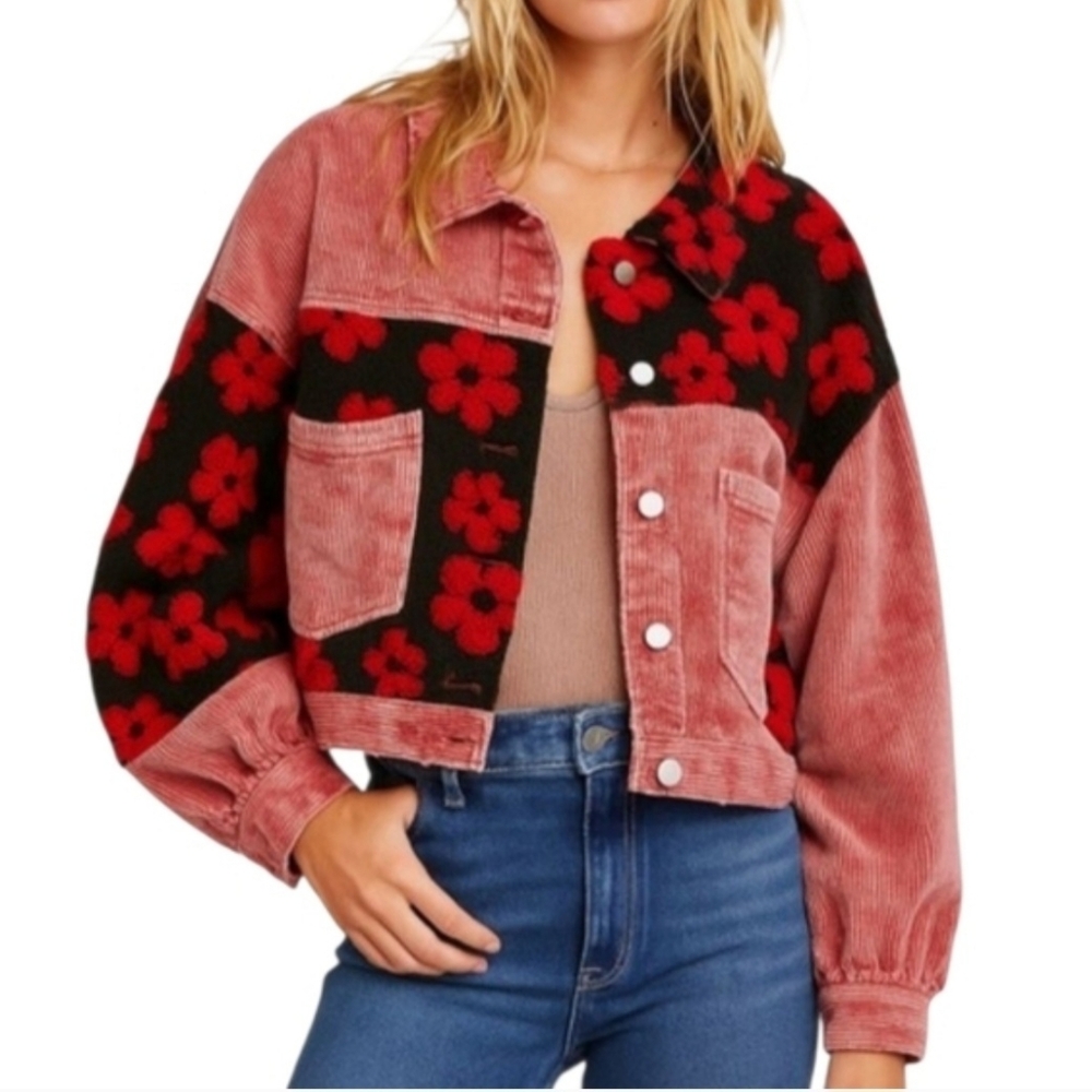 En Creme Corduroy Floral Cropped Jacket Medium Red Black New